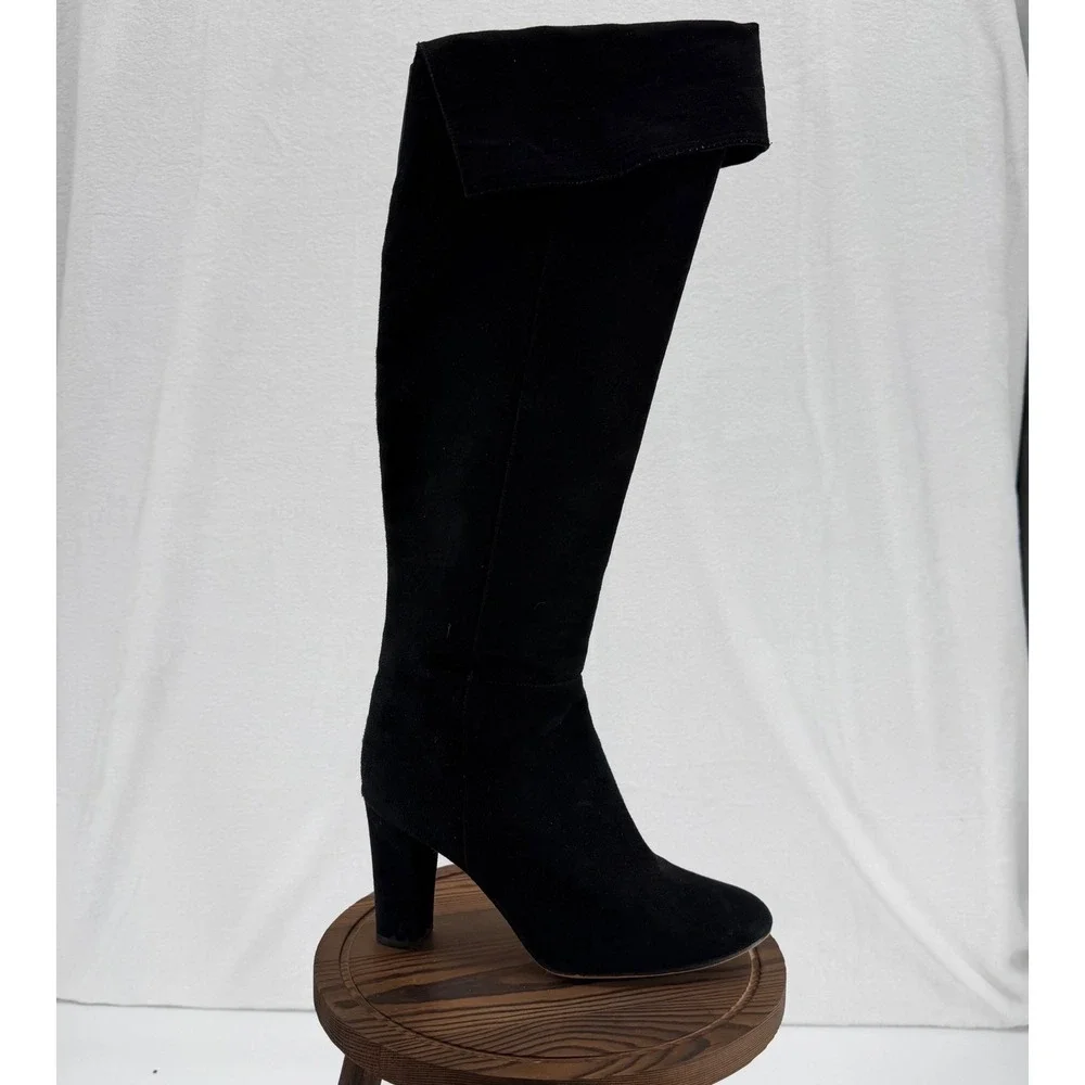 Halogen Noble Black Suede Boots 9.5 Almond‎ Toe Over The Knee Block Heel